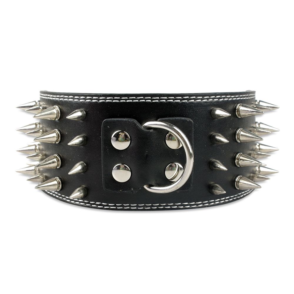 2019 3 Inch Wide Black Leather Dog Collars 4 Rows Shap Spiked Pet