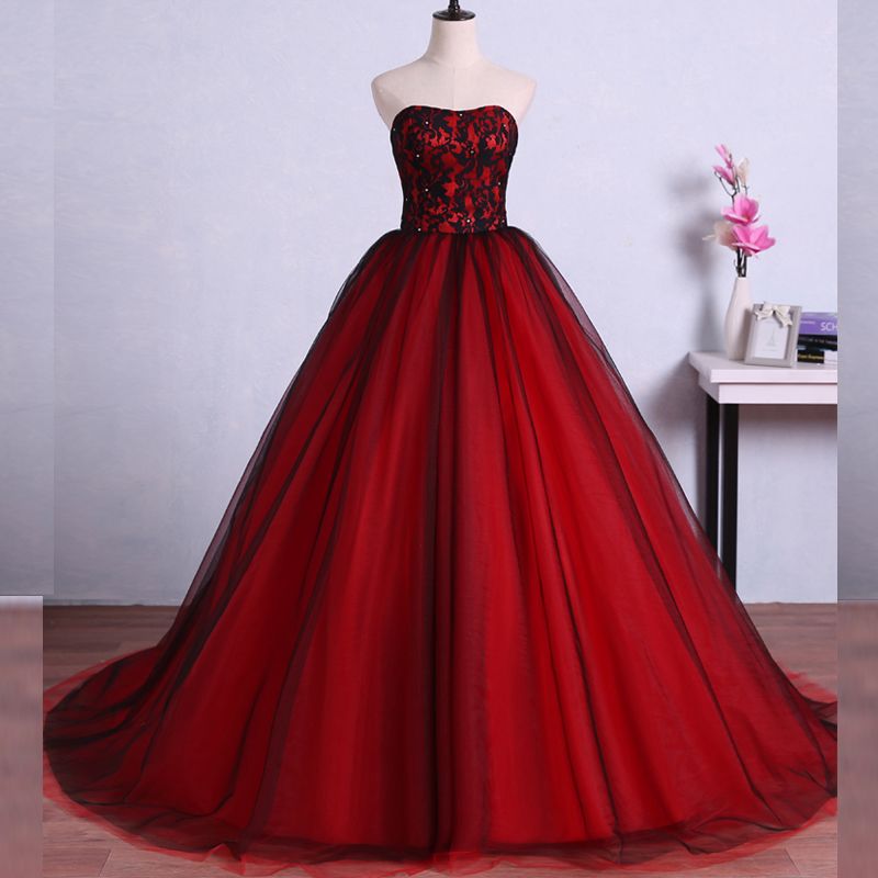 2019 Red And Black Ball Gown Prom Dress Sweetheart Sleeveless Beads ...