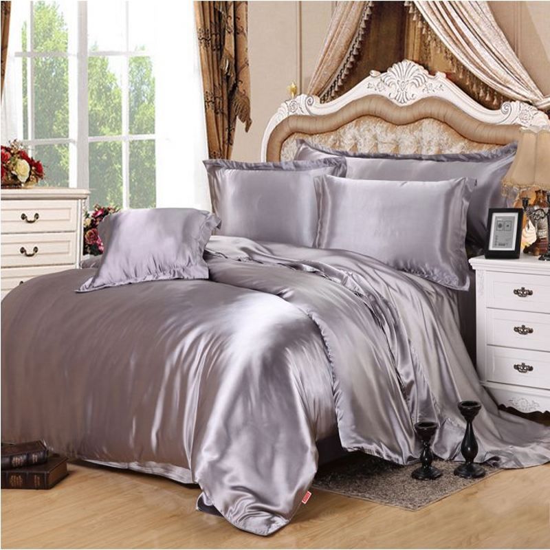 White Satin Duvet Cover Solid Color 4/Imitation Silk Bedding Set Bed