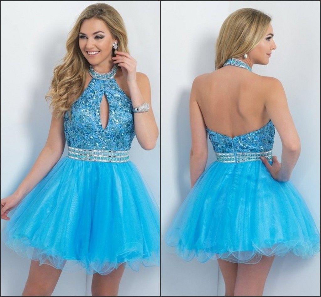 Bright Blue Short Homecoming Dresses Mg08 High Halter Neck Backless A ...