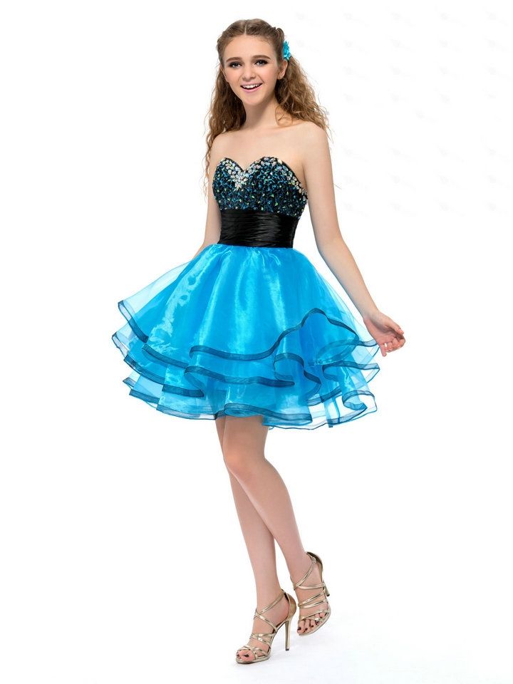 Cute A Line Sweetheart Crystals Layered Black And Blue Short Prom ...