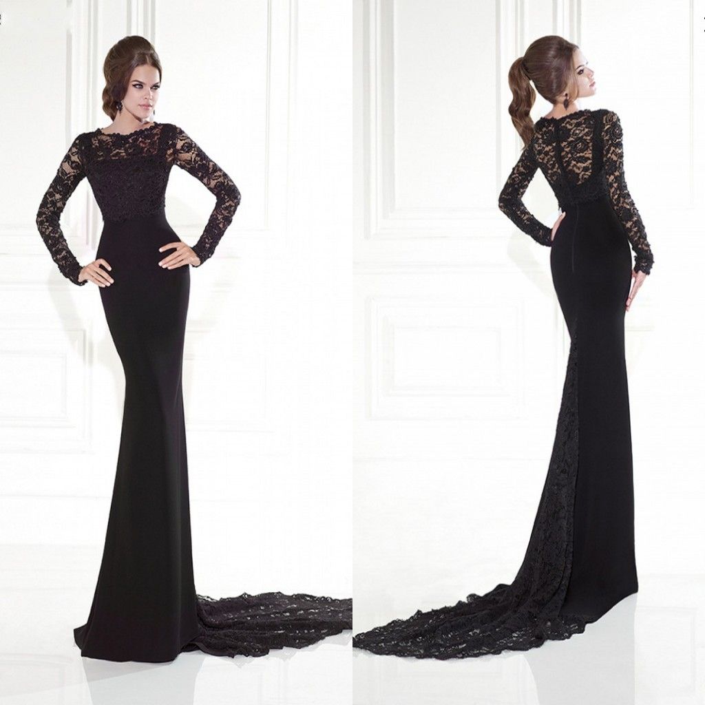 Black Long Sleeve Evening Dresses Hot Lace Mermaid Sweep Train ...