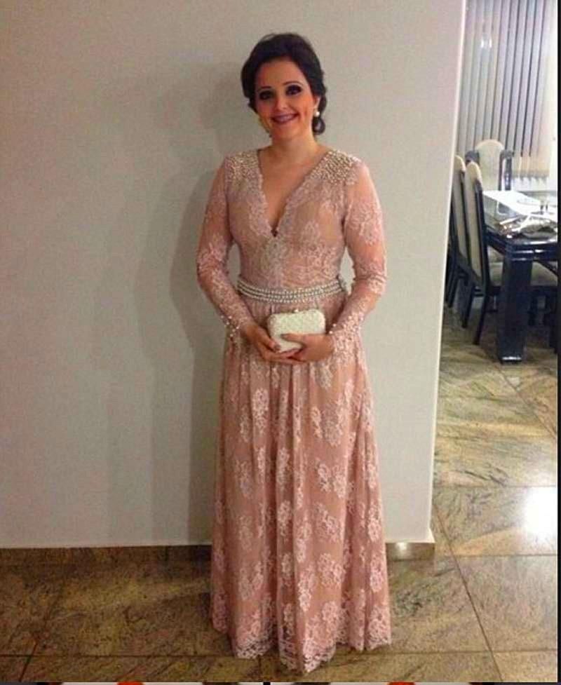 Hot New 2016 Elegant Lace A Line Evening Dresses Deep V Neck Long