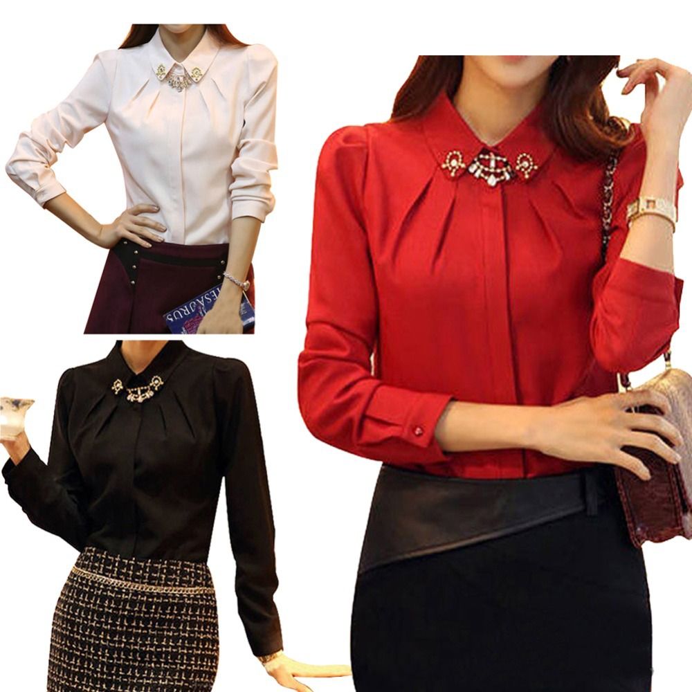 Women Slim Work Office OL Shirt Long Sleeve Turn-down Collar Button