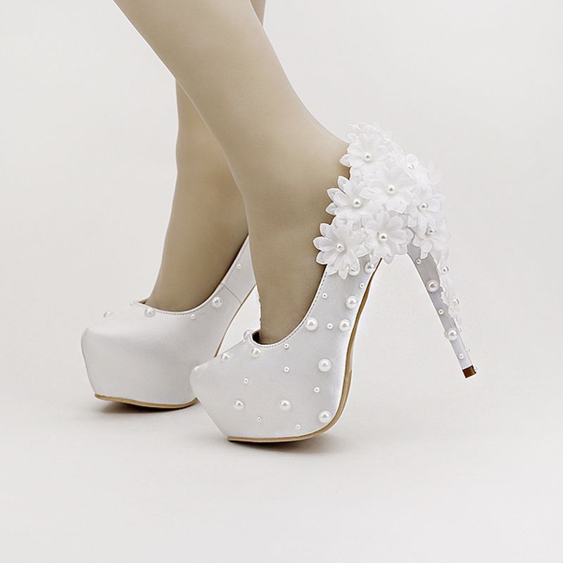 Grosshandel Schone Weisse Satin Blumen Brautschuhe Super Stiletto High