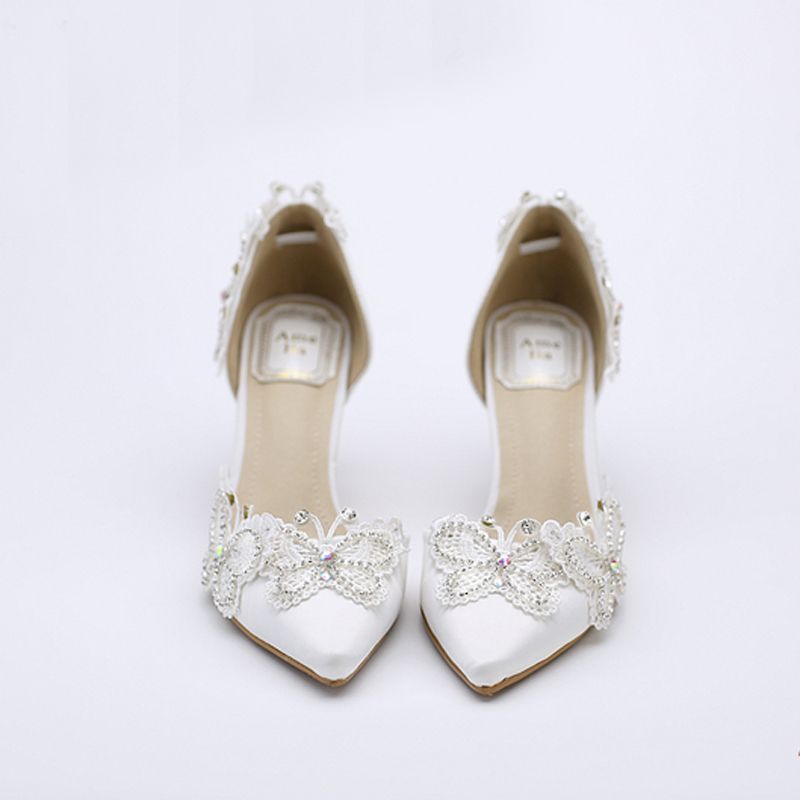 Kitten Heel Pointed Toe Bridal Shoes Women White Satin Pumps Butterfly ...