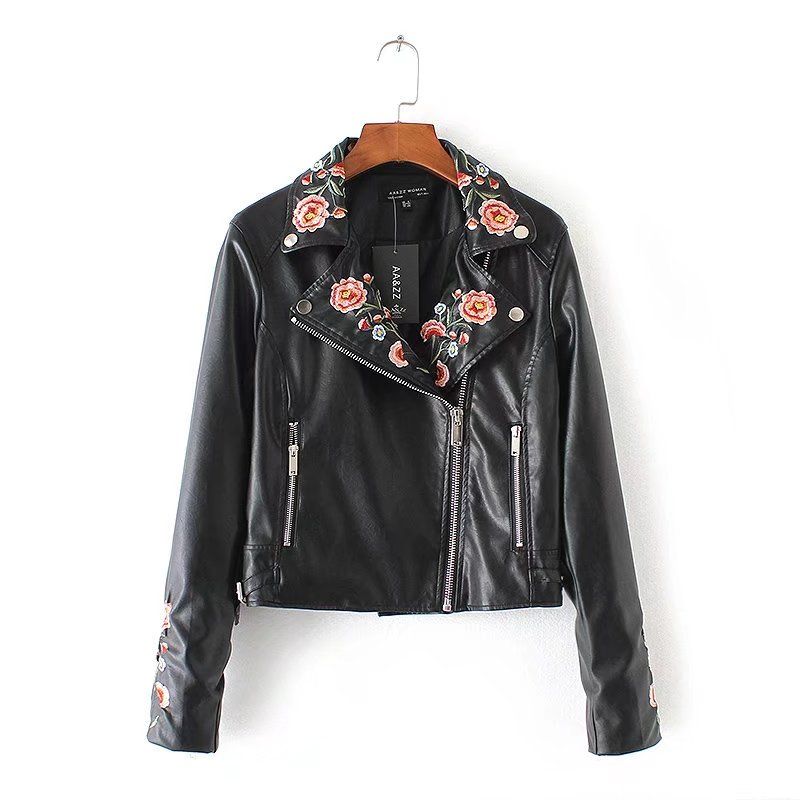 2018 Whole Faux Leather Jacket Women Motorcycle 2018 Whole Faux Leather Jacket Women Motorcycle Spring Autumn Flowers Embroidery Outerwear Coats Short Zipper Basic Jackets 666 From Hoeasy