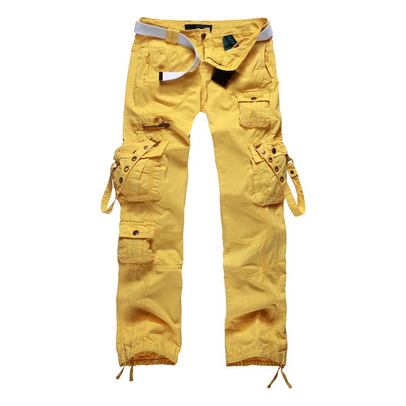 Discount Womens Clothing Women Lemon Yellow Cargo Pants Mullti Pockets