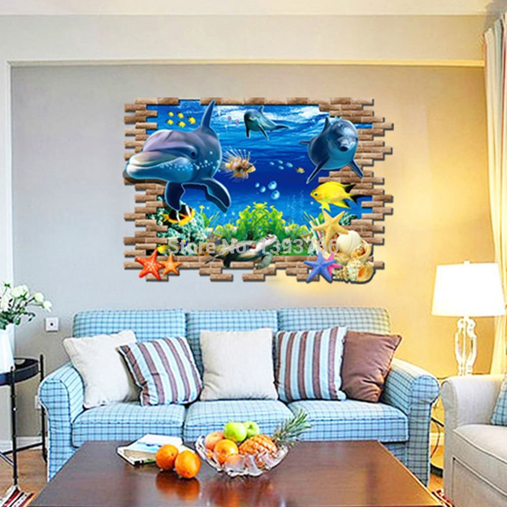 3d Fish Seabed Living Room Wall Sticker Kids Room Wall Decals Ba for Fish Wallpaper Home Decor