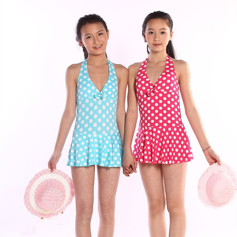 2017 Children'S Deep V Style Swimwear Polka Dot Design Halter Neck ...