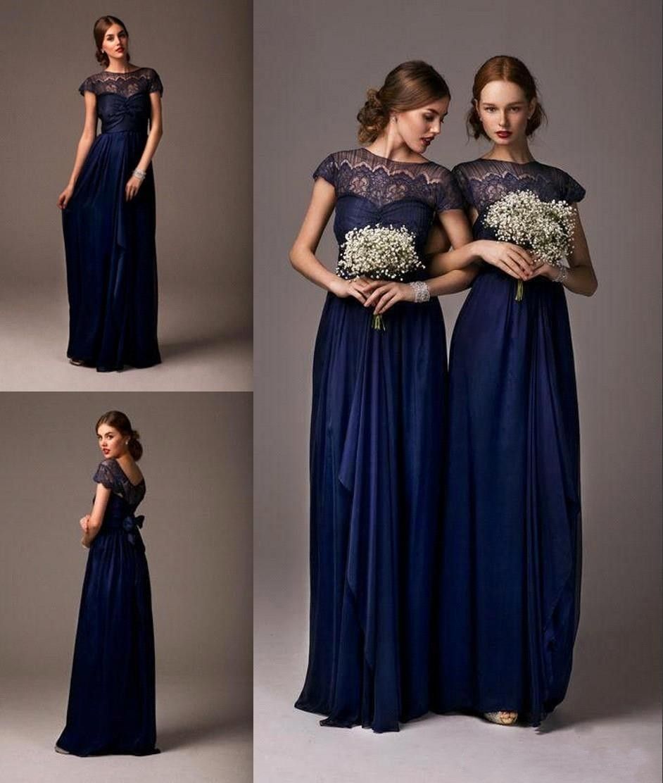Cheap Long Navy Blue Bridesmaid Dresses Sheer Lace Cap Sleeves Cheap Long Navy Blue Bridesmaid Dresses Sheer Lace Cap Sleeves Empire Maternity Chiffon For Wedding Party Prom Dress Cps210 Bridesmaid Dresses Colors ... - Cheap Long Navy Blue Bridesmaid Dresses Sheer Lace Cap Sleeves