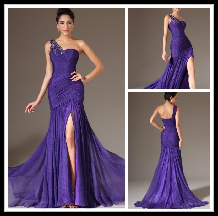 Elegant Purple Long Mermaid Evening Dresses Chiffon One Shoulder Split ...