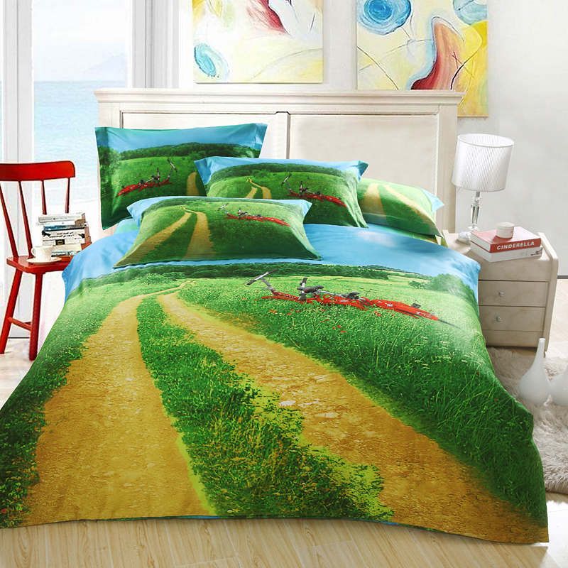 Bicycle Travelling Village Scenic Reactive Printing Bedding Bed Bicycle Travelling Village Scenic Reactive Printing Bedding Bed Linens With Queen Reversible Duvet Cover Flat Sheet 4 Comforter Sets Striped Covers