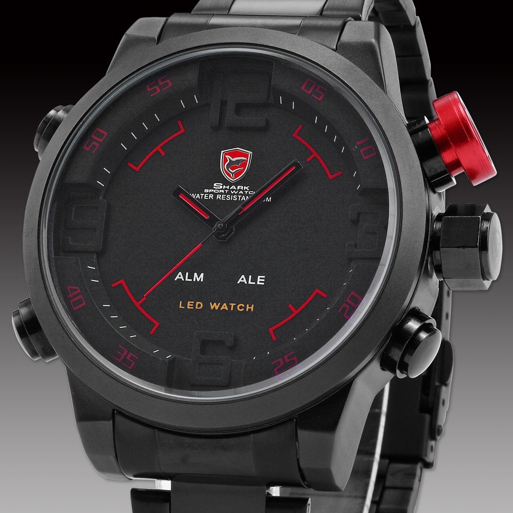 SHARK Analog Digital LED Stainless Full Steel Masculino Black Red Date