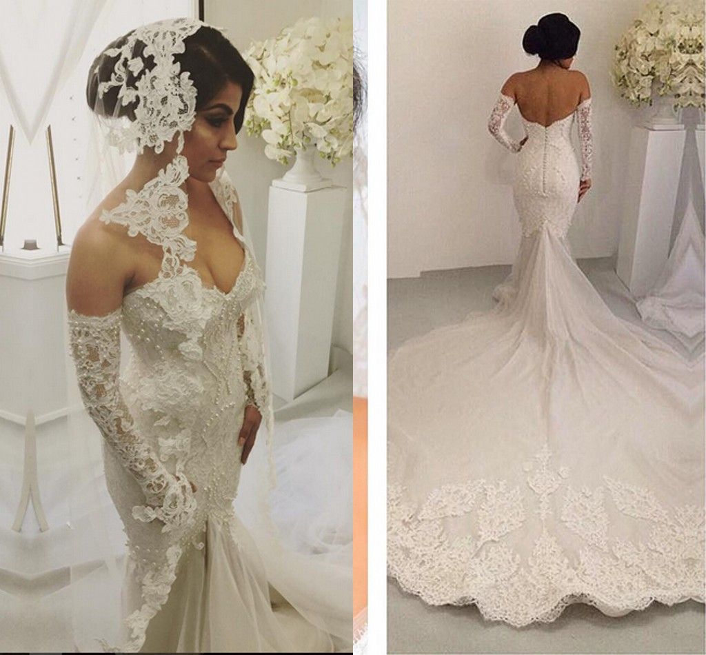 2016 Mermaid Lace Arabic Wedding Dresses Pearls Tulle Wedding Gowns ...