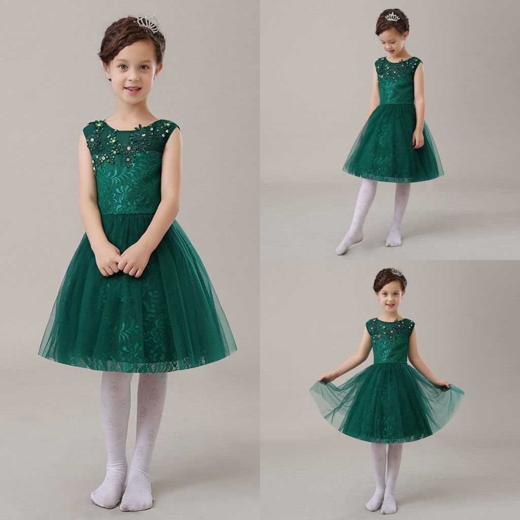 Dark Green  Flower Girl Dresses  Beading Keen Length Tulle 