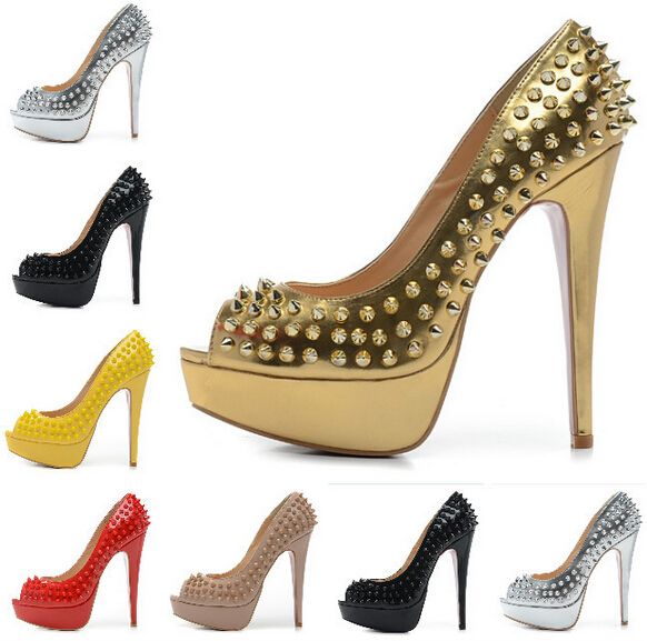 Size:35 41 Women'S 14cm High Heels Gold Leather With Spikes Peep Toe