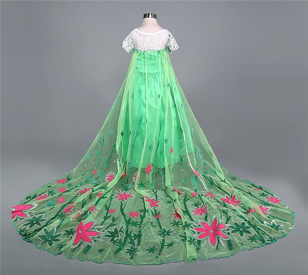 2021 2015 Frozen Elsa Dress With Long Tail Green Flower Girl Dress Long
