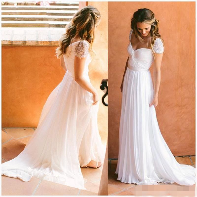 2016 White Chiffon Wedding Dresses Cheap Under 100 Bridal Gowns Cap