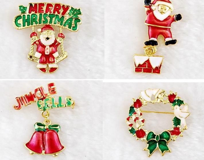 Christmas Brooches Pins Gold Plate Christmas Tree Snowman Santa Claus Jingle Bells Brooch Tie