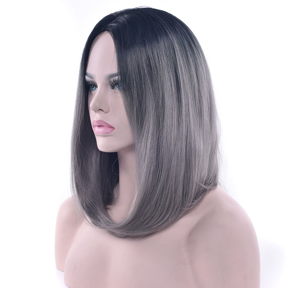 Hanzibeauty Synthetic Hair Black To Gray Purple Ombre Hair Short