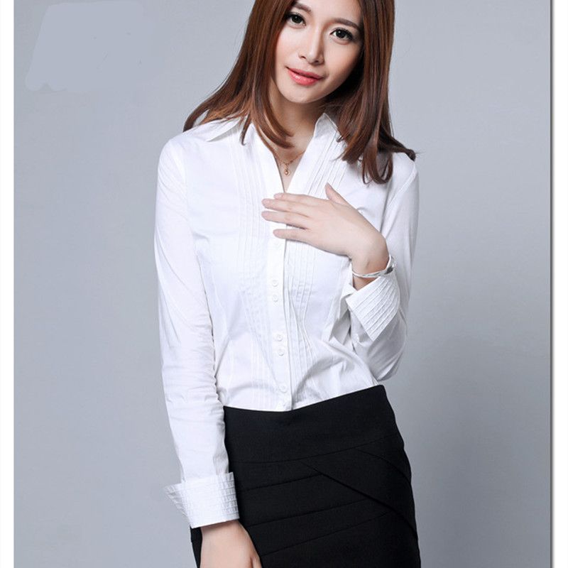 Spring Autumn Women's Elegant Long Sleeve Lapel Neck OL Slim Bodysuit Shirt Blouse Top Jumpsuit-White, Black