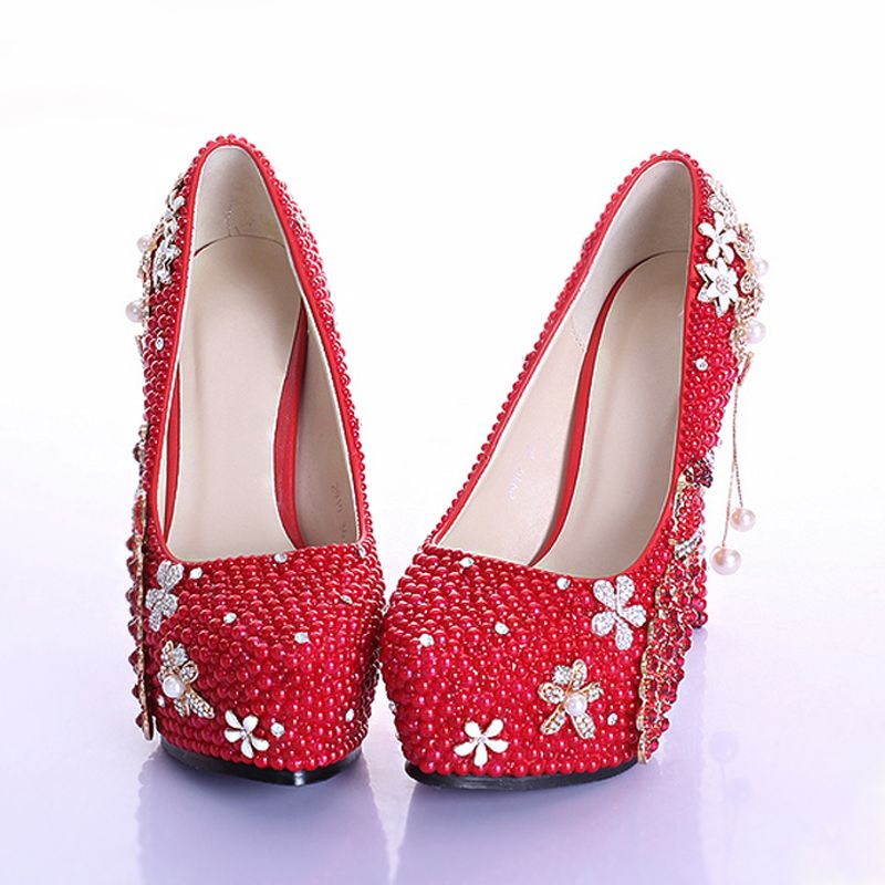 Acheter Élégant Perle Rouge Strass Chaussures De Mariage À La Main Magnifique Chaussures De Mariée 5 Pouces À Talons Hauts Diamant Femme Pompes Chaussure De Bal De 63,37 € Du Partyprom | Fr.DHgate.Com