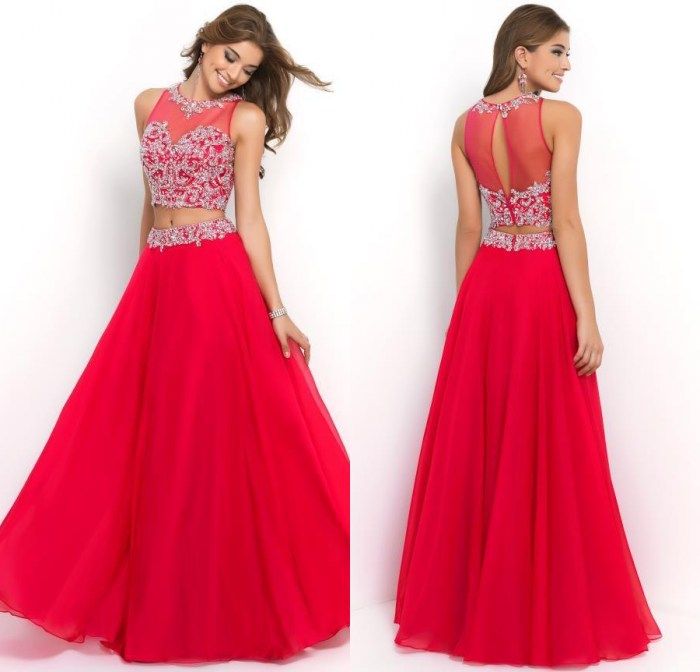2015 Two Piece Red Long Prom Dresses Beaded Lace Applique Crew Neck A ...