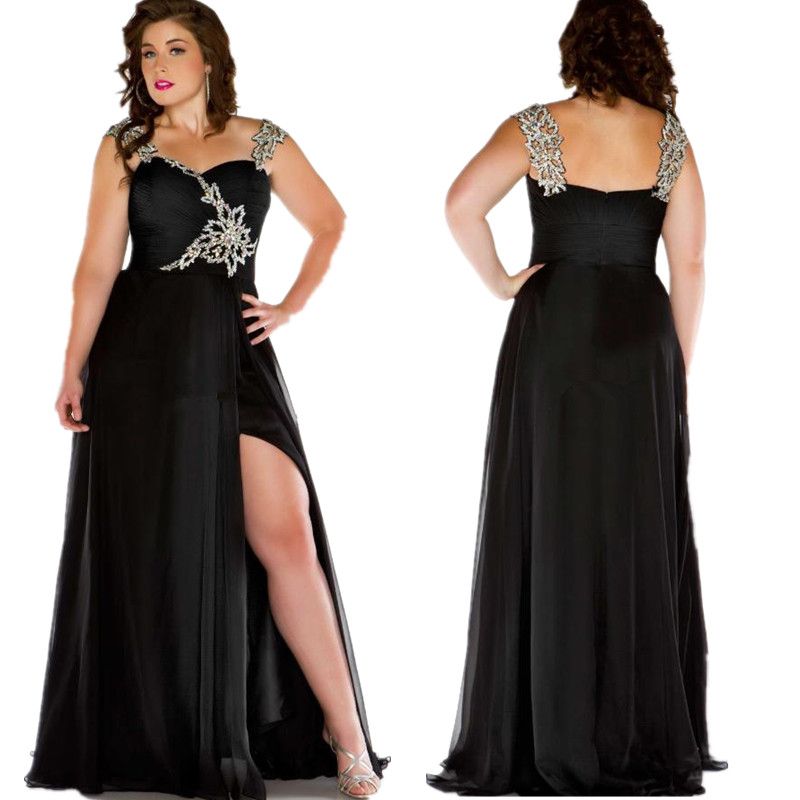 Black Plus Size Dresses Evening Wear Spaghetti Straps Pleats Beaded ...