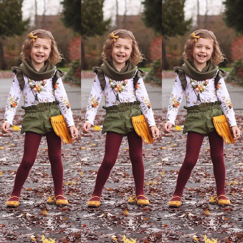 Retro Floral Kids Baby Girls Outfits Clothes Long Sleeve Tshirt Tops