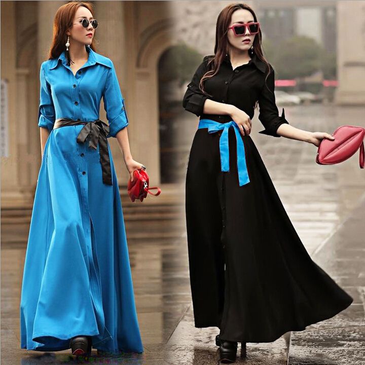 American Fashion Women Day Dresses 2015 Solid Lapel Neck Single
