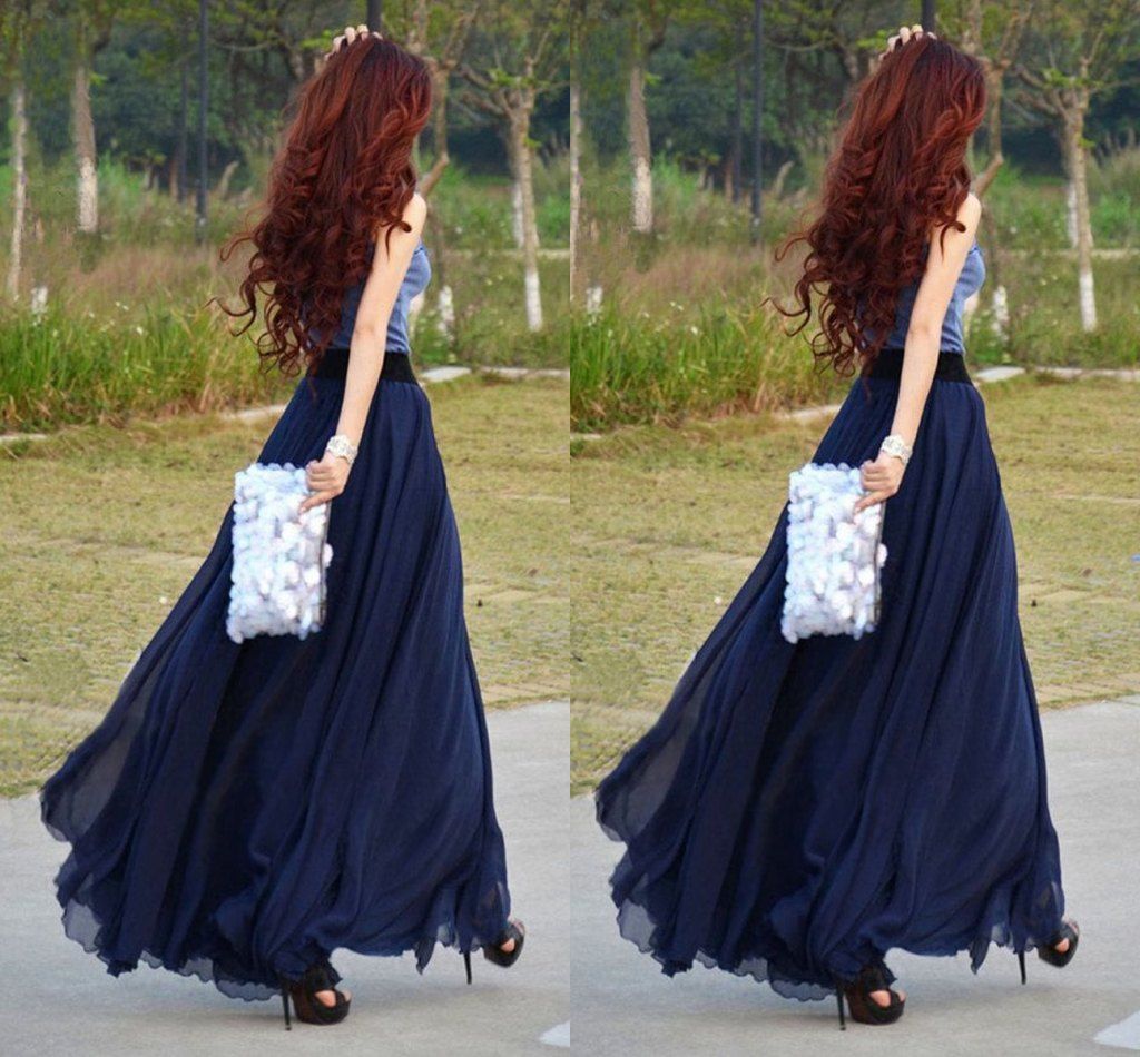 2019 Navy Blue Long Skirts For Women Floor Length Beach Skirts Women