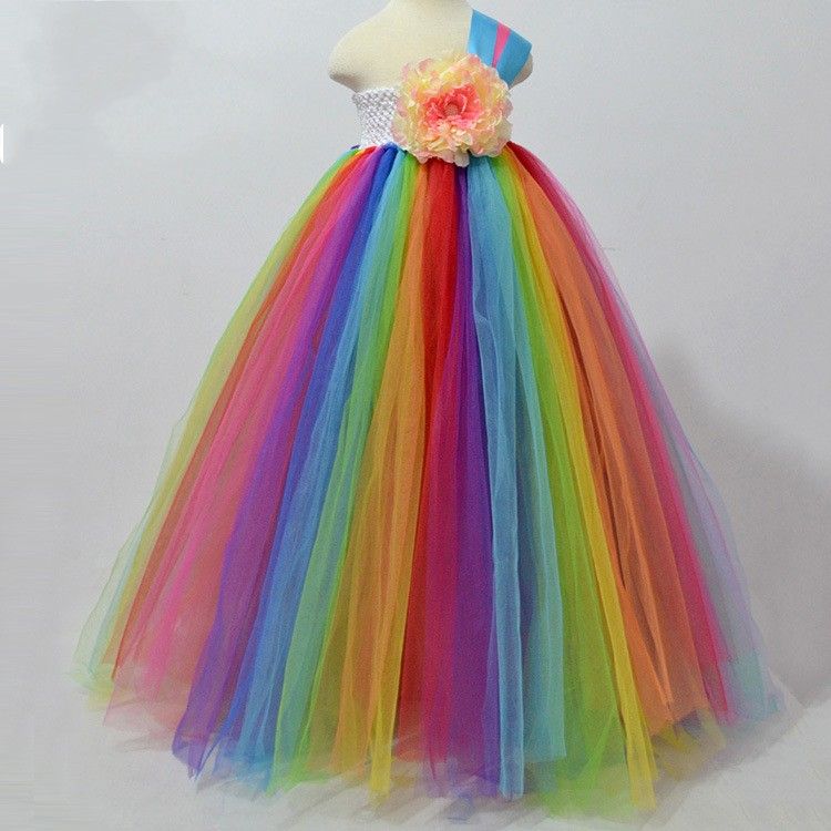  Rainbow  Colored  Tutu Flower Girl s Dresses  One Shoulder A 