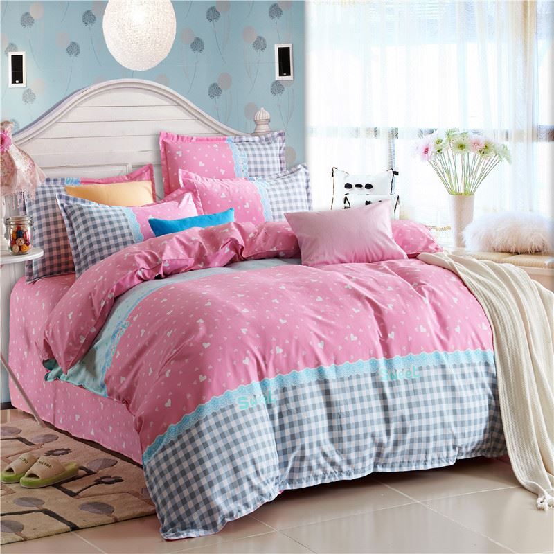 2019 Fresh Pink Grey Checked Print Bedding Set For Children'S Girls