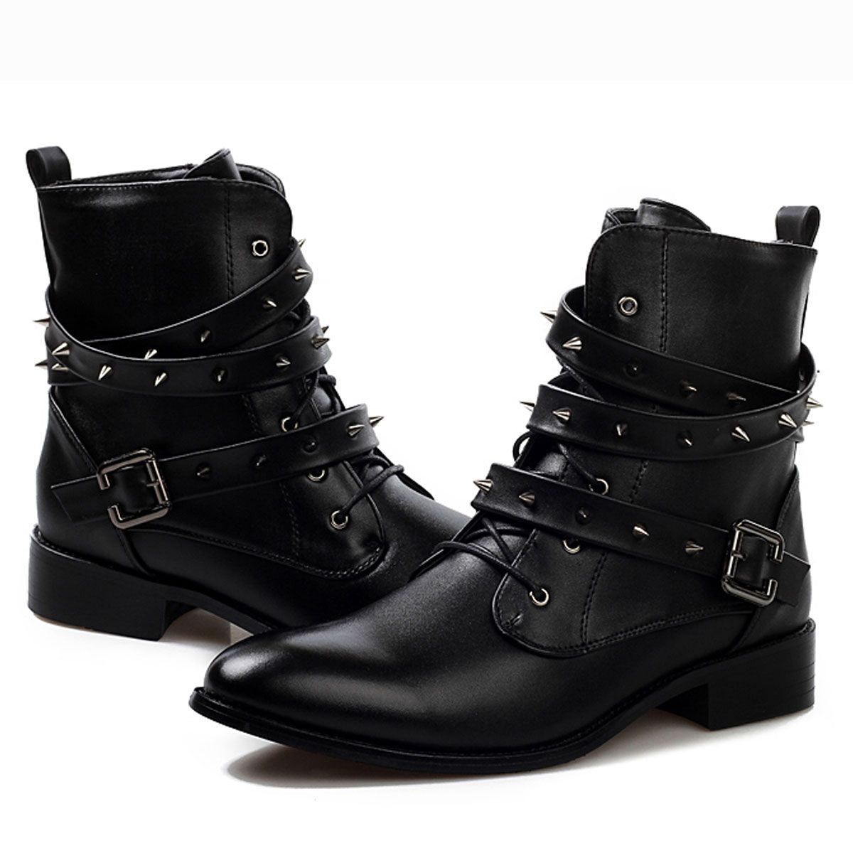 Cool Fashion Quality Leather Motorcycle Ankle Boots Mens Punk Rock Shoes With Spike Rivet
