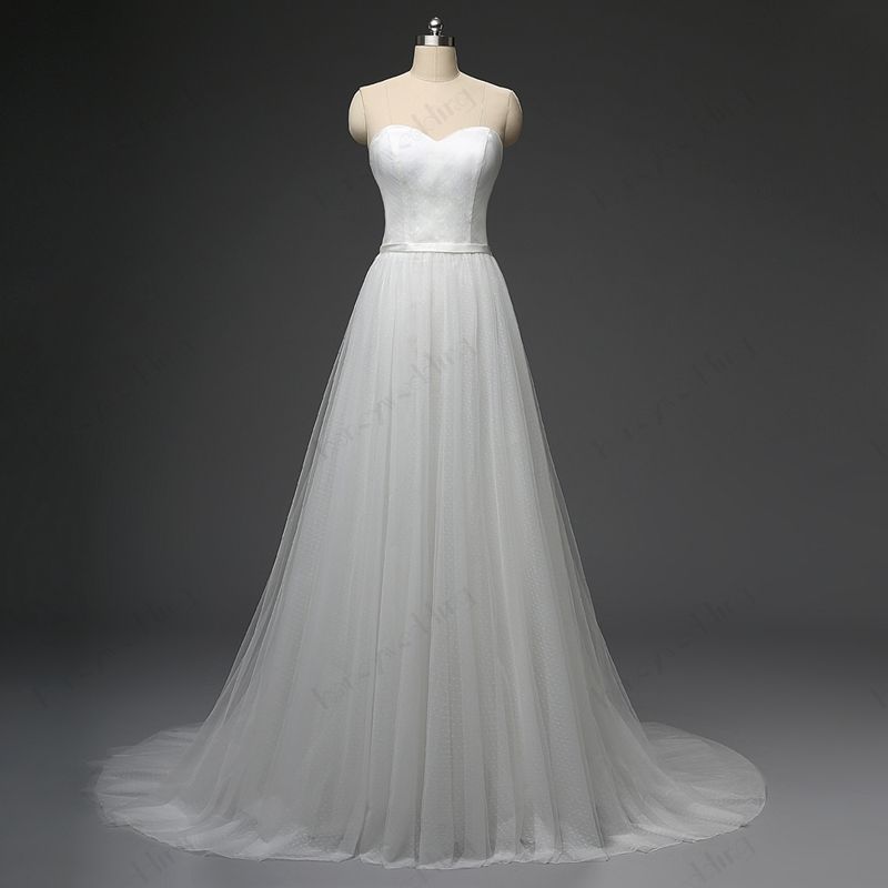 Acheter Robes De Mariage De Plage Simple Pas Cher Cherie Polka Dot Tulle Drape Tribunal Train Robes De Mariee Plus La Taille Reel Exemple De Robes De Mariage De 77 85 Du