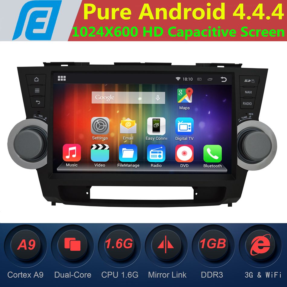 Large 10.1 HD 1024*600 Android 4.4 Car DVD Player Toyota Highlander