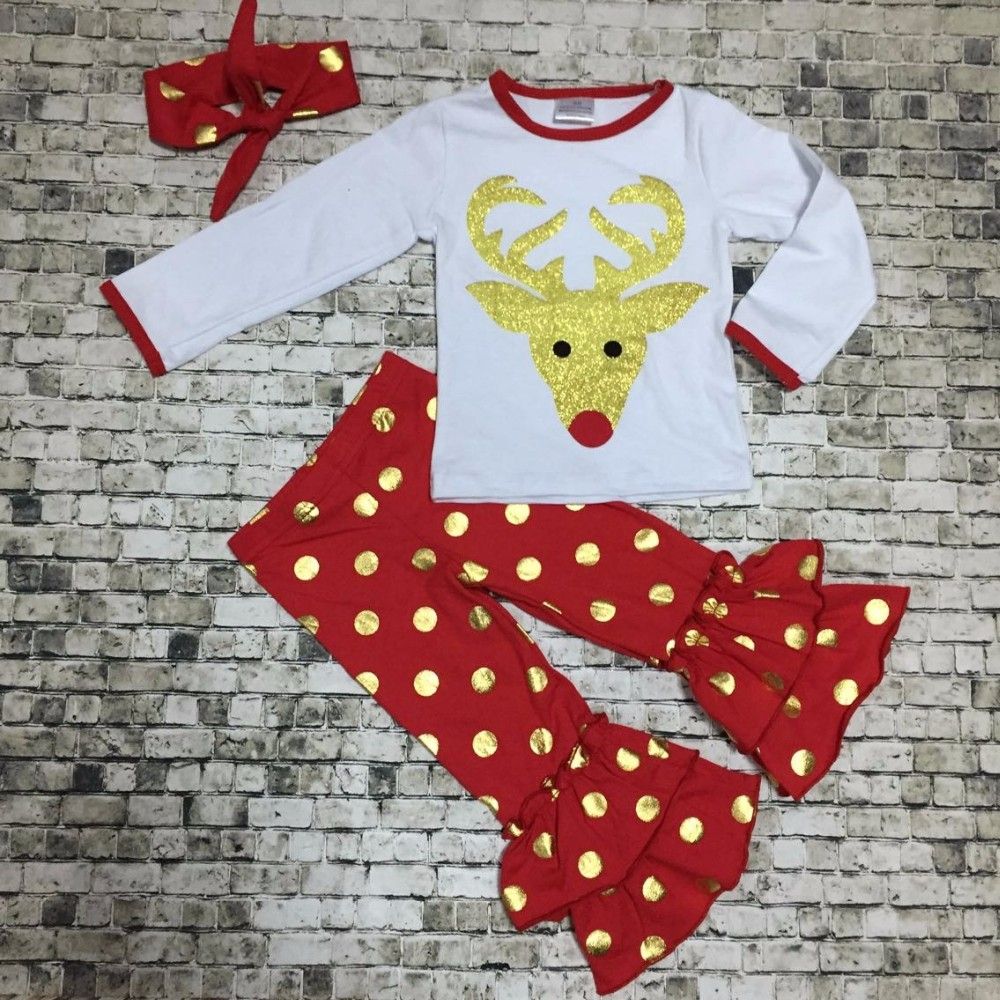 2018 Christmas Theme Toddler Girl Clothing Baby Girls Clothes Xmas Suit Girl Kids Reindeer Print Top Red Pant Girls With Headband From Arielchow