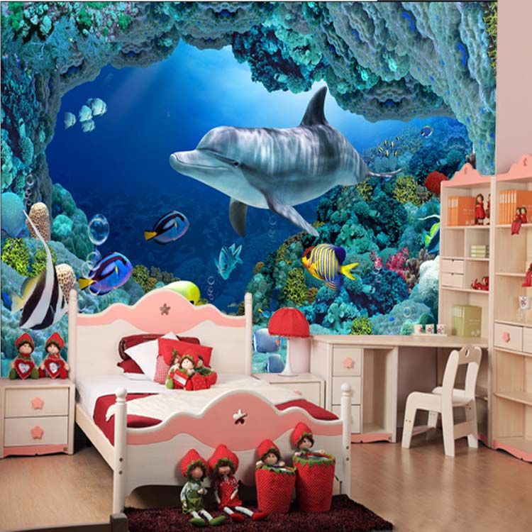 3D Wall Mural Underwater World Cute Fish Dolphin Large Wallpaper Art