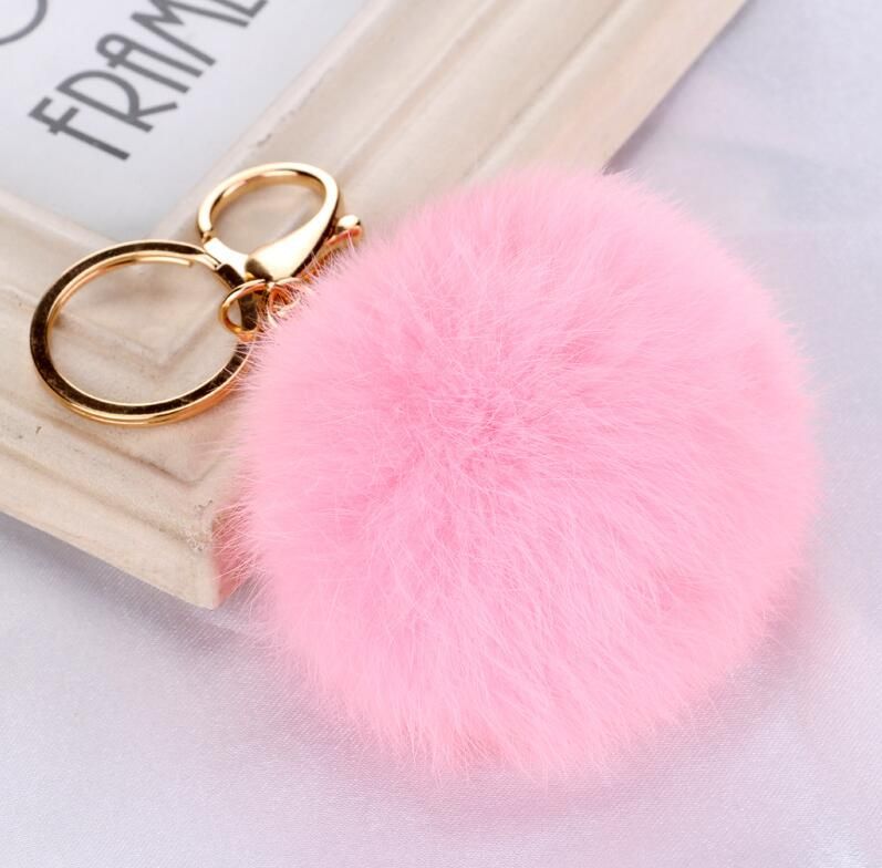 Fashion Cute Genuine Leather Rabbit Fur Ball Plush Key Chain For Car key Ring Bag Pendant car keychain Gold Silver Chain 8CM