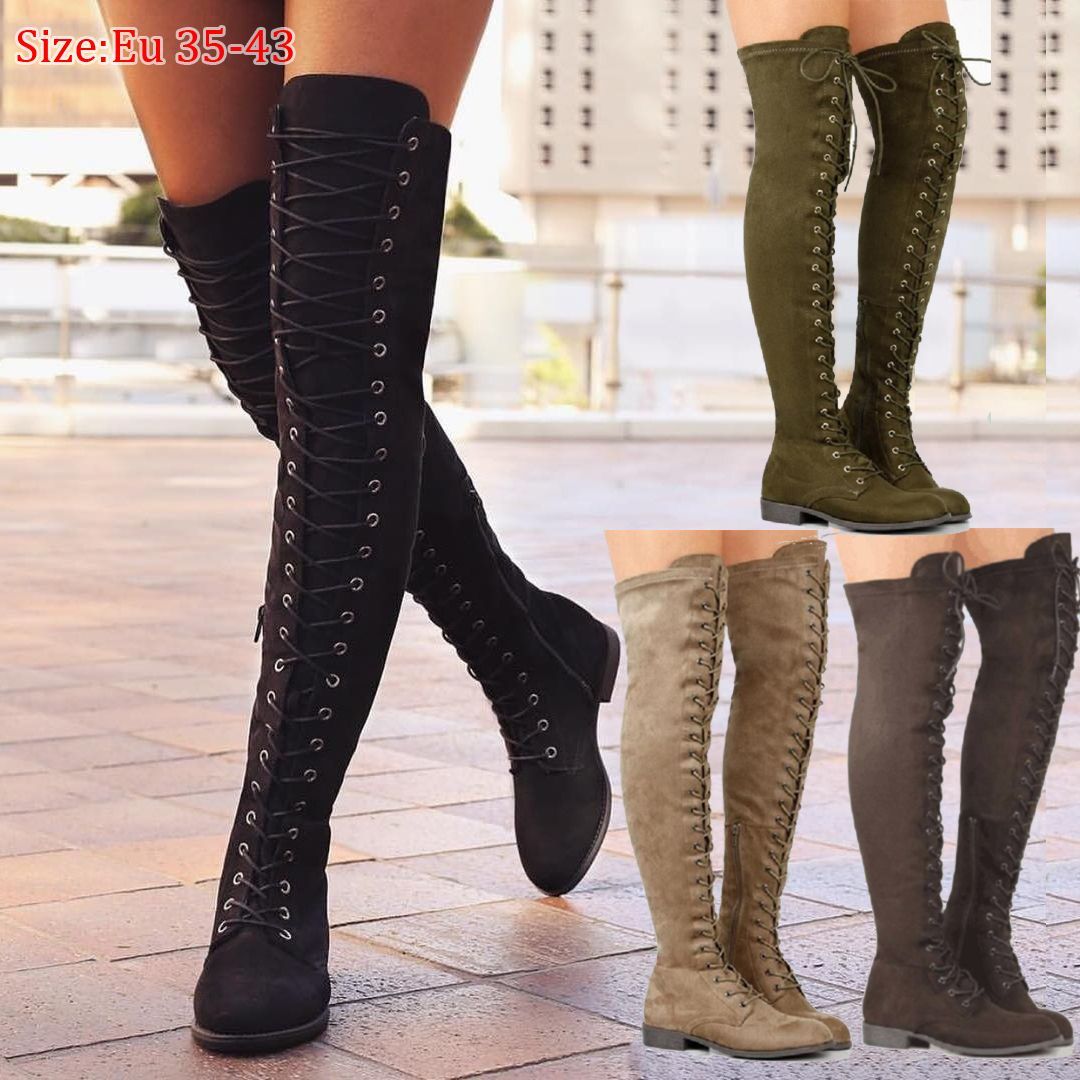 Women Fashion Boots Low Heels Shoes Shoelace Tie Over The