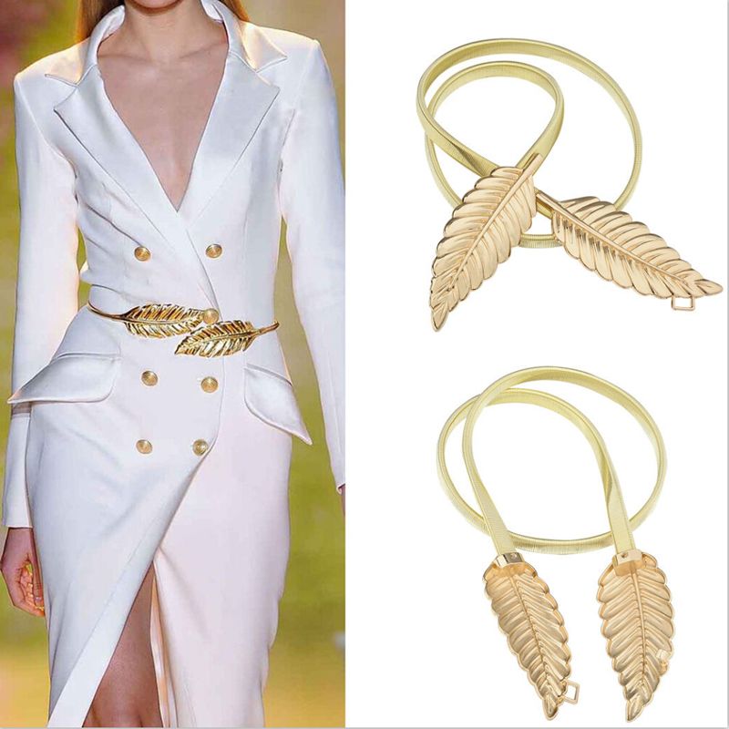 New Leaf Gold Metal Women Belt Fashion Dress Waist Elastic Belt Strap