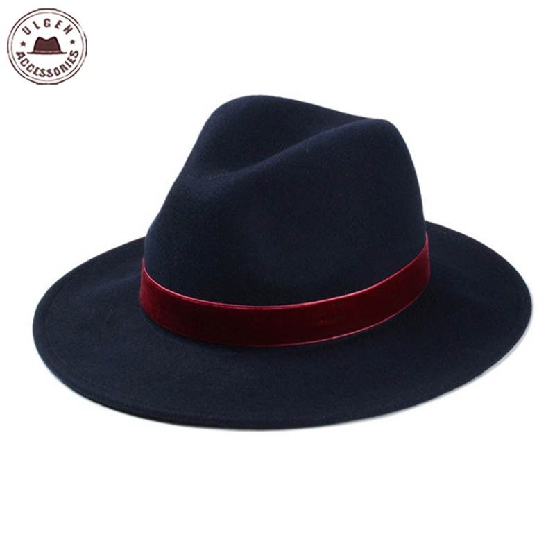 2020 New Classical Winter Flat Brim Fedora Hat 100 Wool Navy Blue