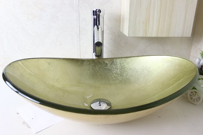 Above Counter Sink Tempered Glass Vessel With Chrome Faucet Set N 681