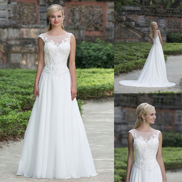 Designer Elegant A Line Chiffon Wedding Dresses See Through Cap Sleeve ...