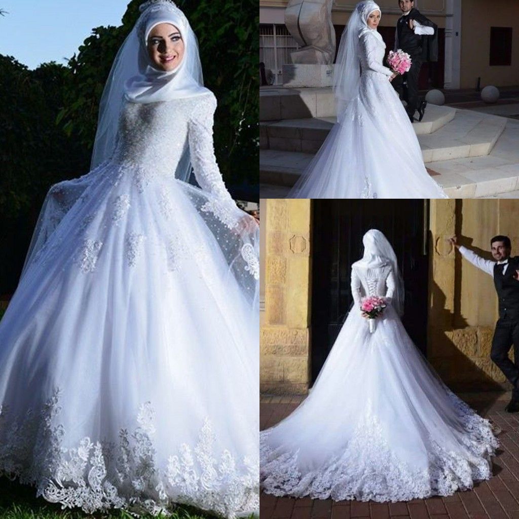 2018 New Muslim Long Sleeves A-line Wedding Dresses Lace Appliques ...