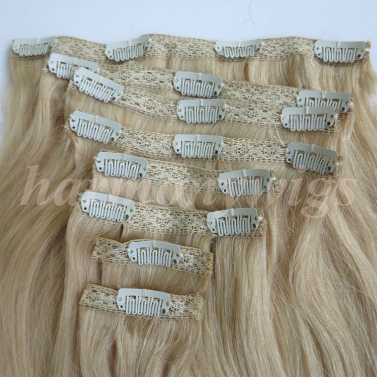 280g 20 22inch 100% Menschenhaar Clip in Haarverlängerungen Glatte Brasilianisches Haar 613 # / Bleach Blonde Glattes Haar 8 teile / satz kostenloser kamm