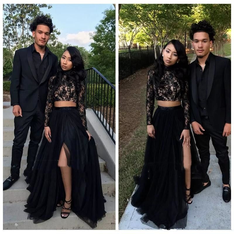 black long sleeve 2 piece prom dress