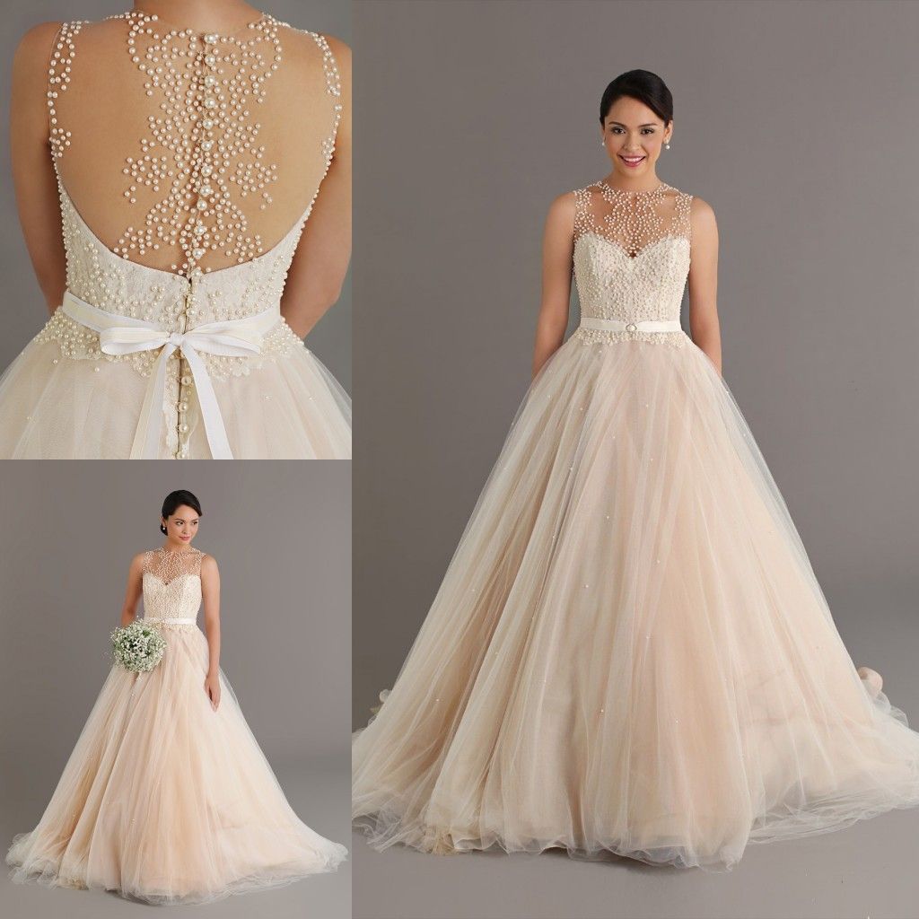 Dreaming 2015 Champagne Wedding Dresses With Pearls Sheer 