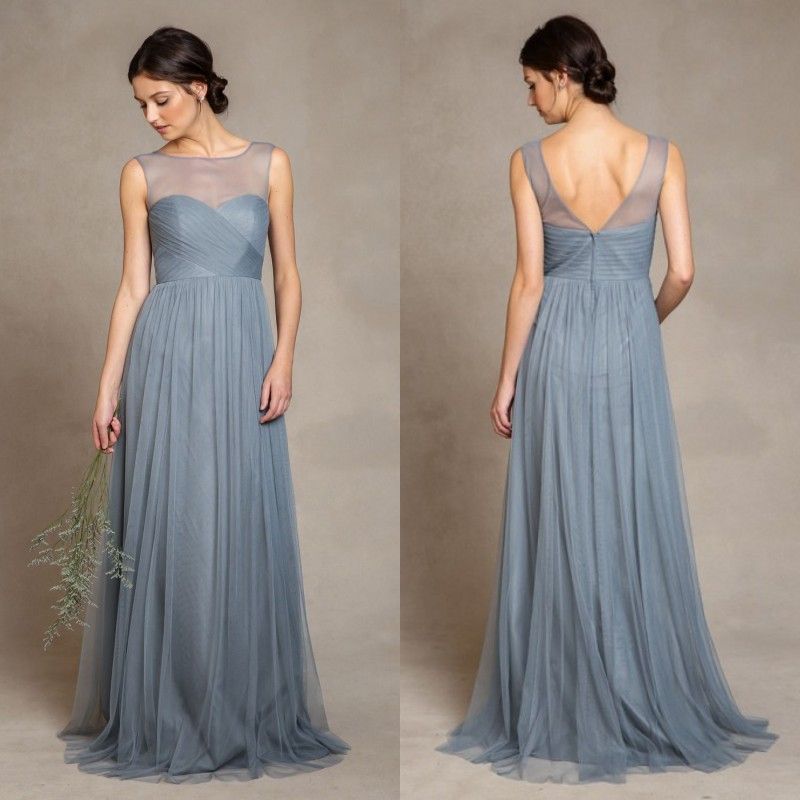 Elegant Dusty Blue Bridesmaid Dresses 2015 Illusion Bateau Neckline ...